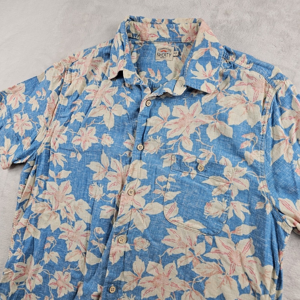 Faherty Hawaiian Shirt Mens M Floral Button Up Linen Blend Beach Blue Pink